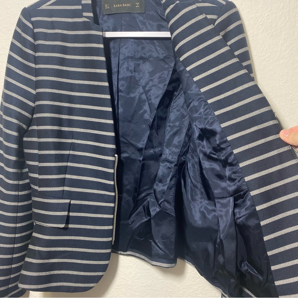 Zara Blue Striped Peplum Pocket Career Blazer Jacket, Large NEW - Picture 6 of 14